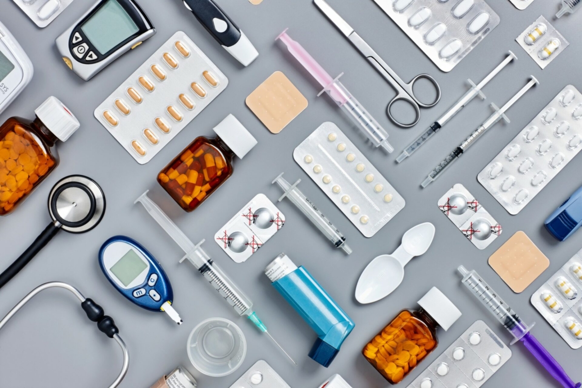 Medical supplies are visualized in an artful, patterned display.