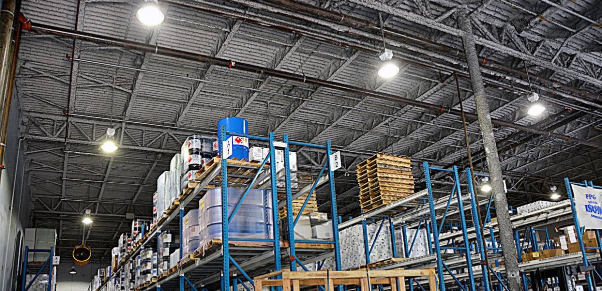 A view of warehouse shelves.