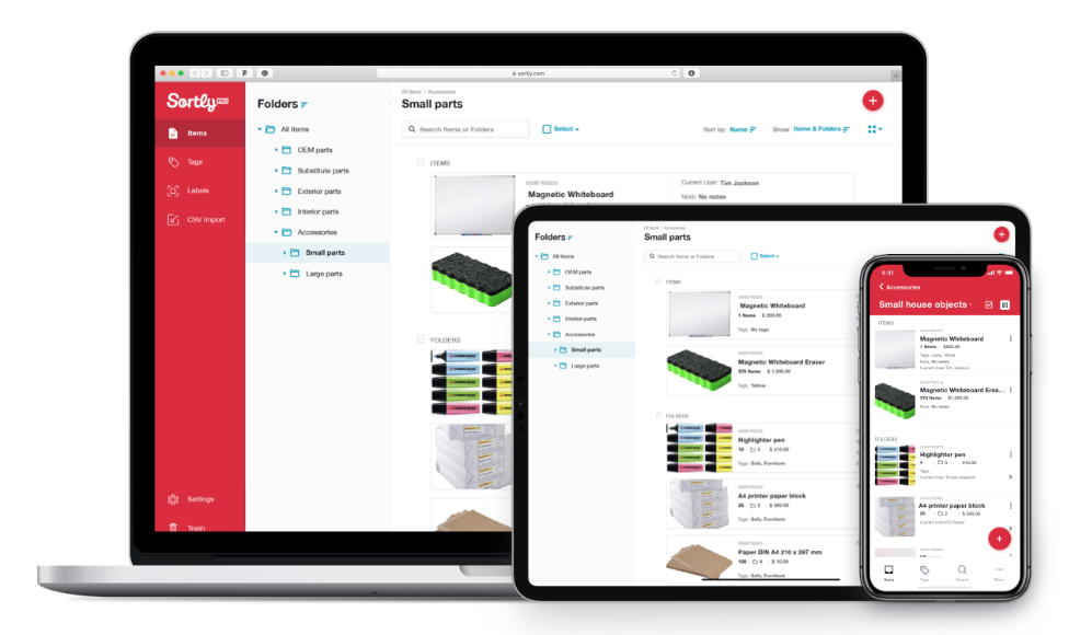 Sortly inventory management software is shown on multiple devices.