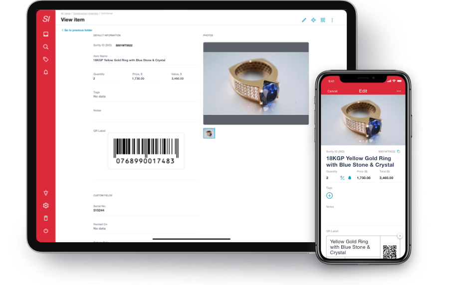 A barcode is visualized on an inventory app for jewelery tracking.