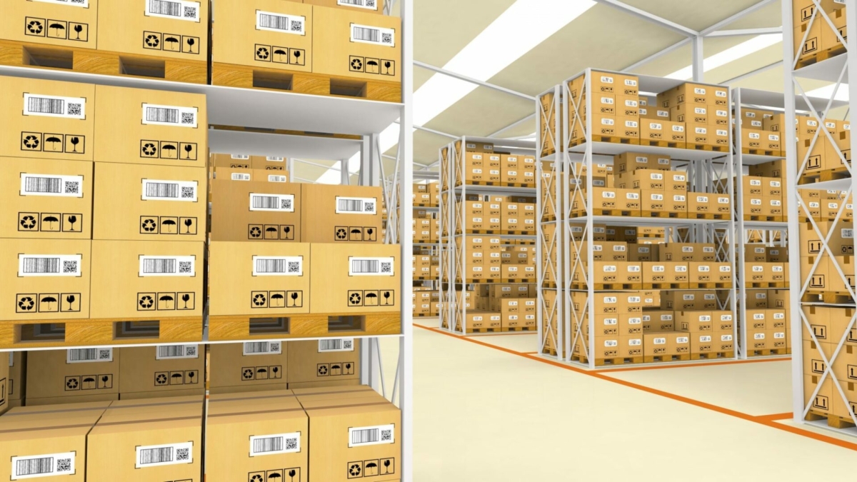 Boxes sitting on warehouse shelves.