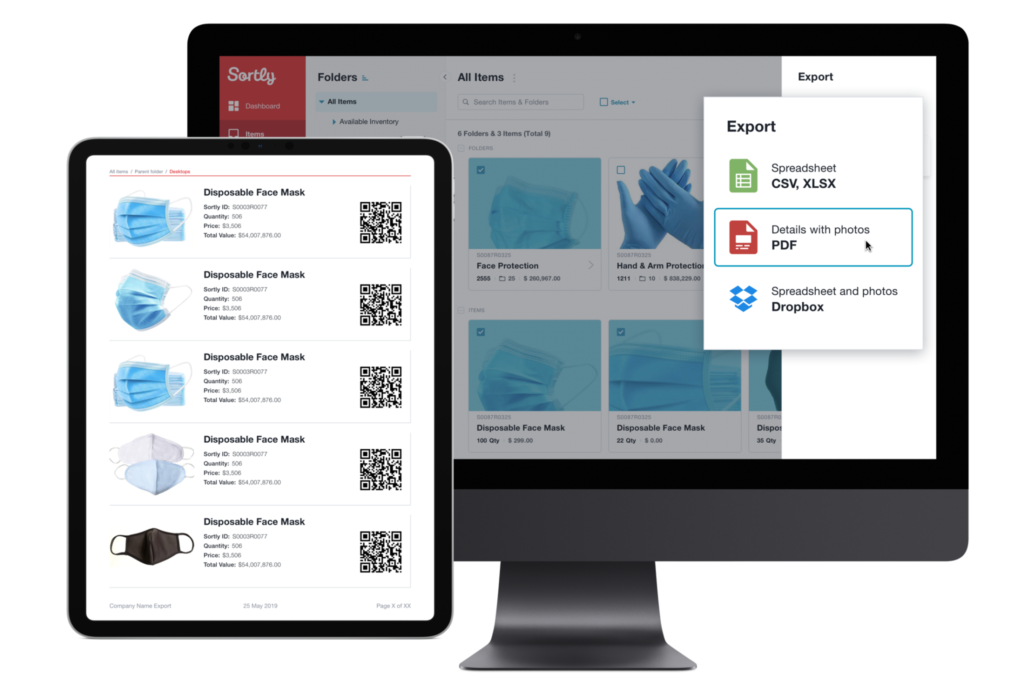 Sortly inventory app is shown on a variety of devices.