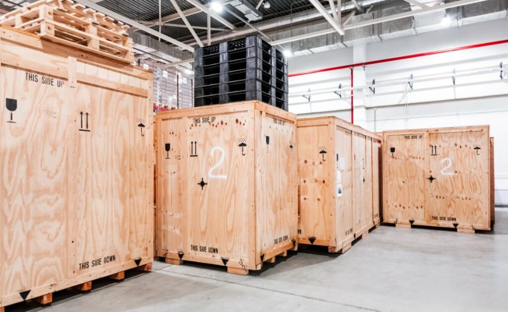 Boxes of customer inventory are stored in a warehouse.