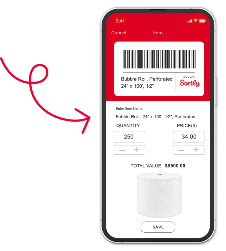 Sortly manufacturing inventory management software shown on a smartphone
