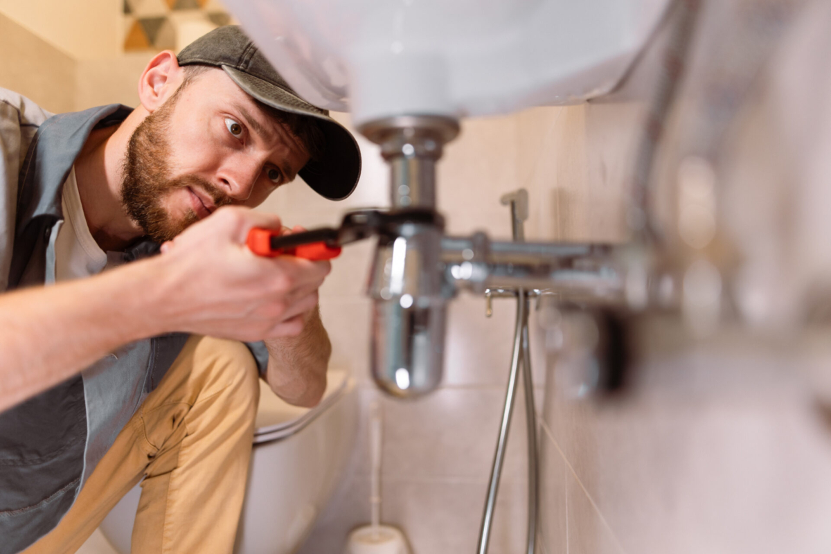 Plumber fixing bathroom sink