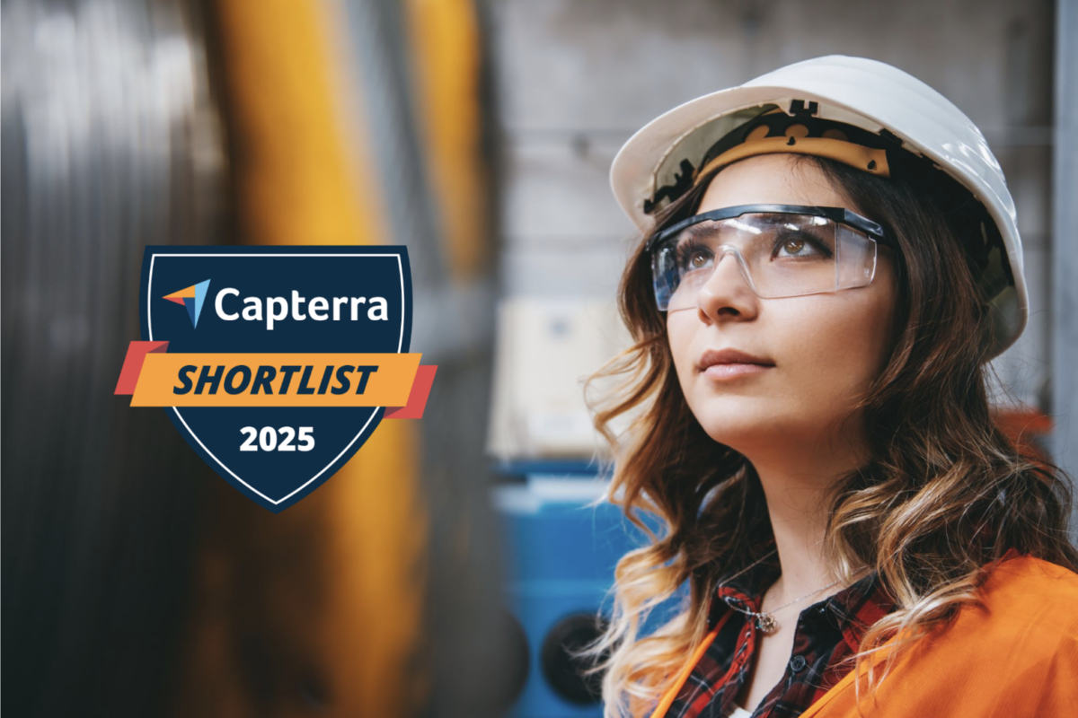 Woman in hard hat with Sortly reviews badges superimposed