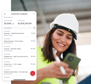 A composite image featuring a screenshot of the Sortly mobile app on top of a photo showing a person wearing construction site safety gear looking at their phone.