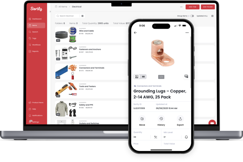 Interface of Sortly inventory app for small business use is shown on laptop and phone screens.