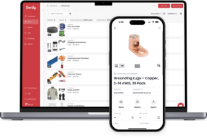 Interface of Sortly inventory app for small business use is shown on laptop and phone screens.