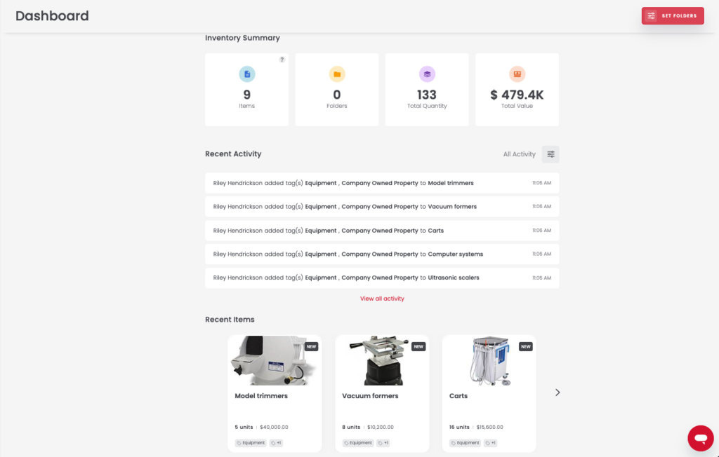 A screen grab of asset tagging software with a dashboard.
