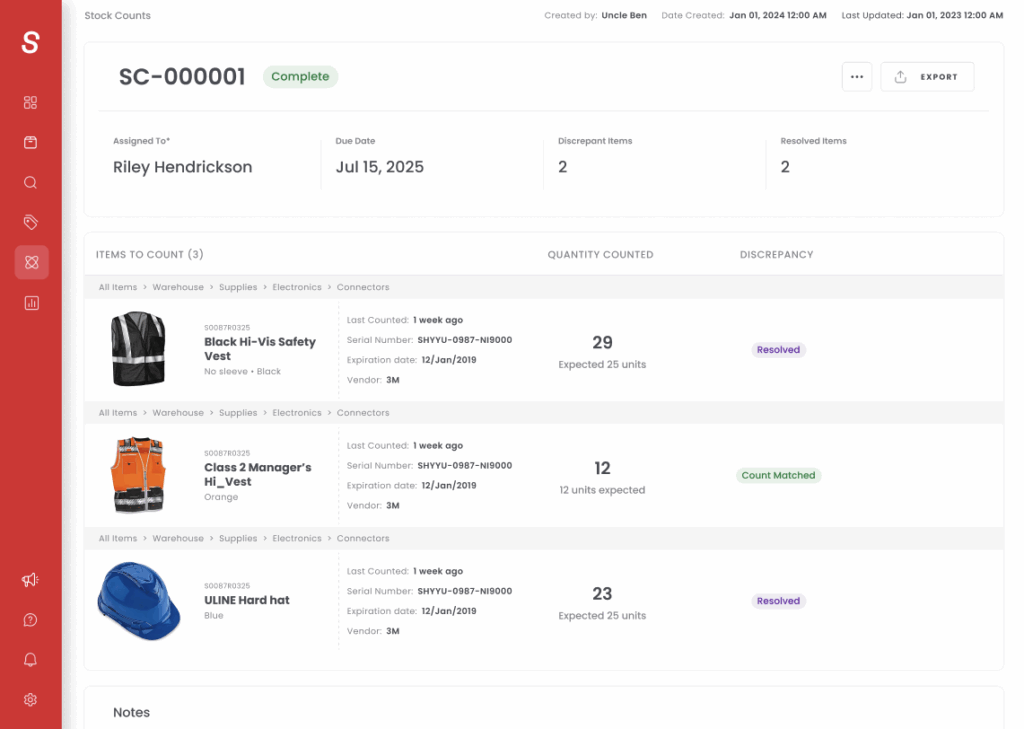 Stock Counts Items in Sortly
