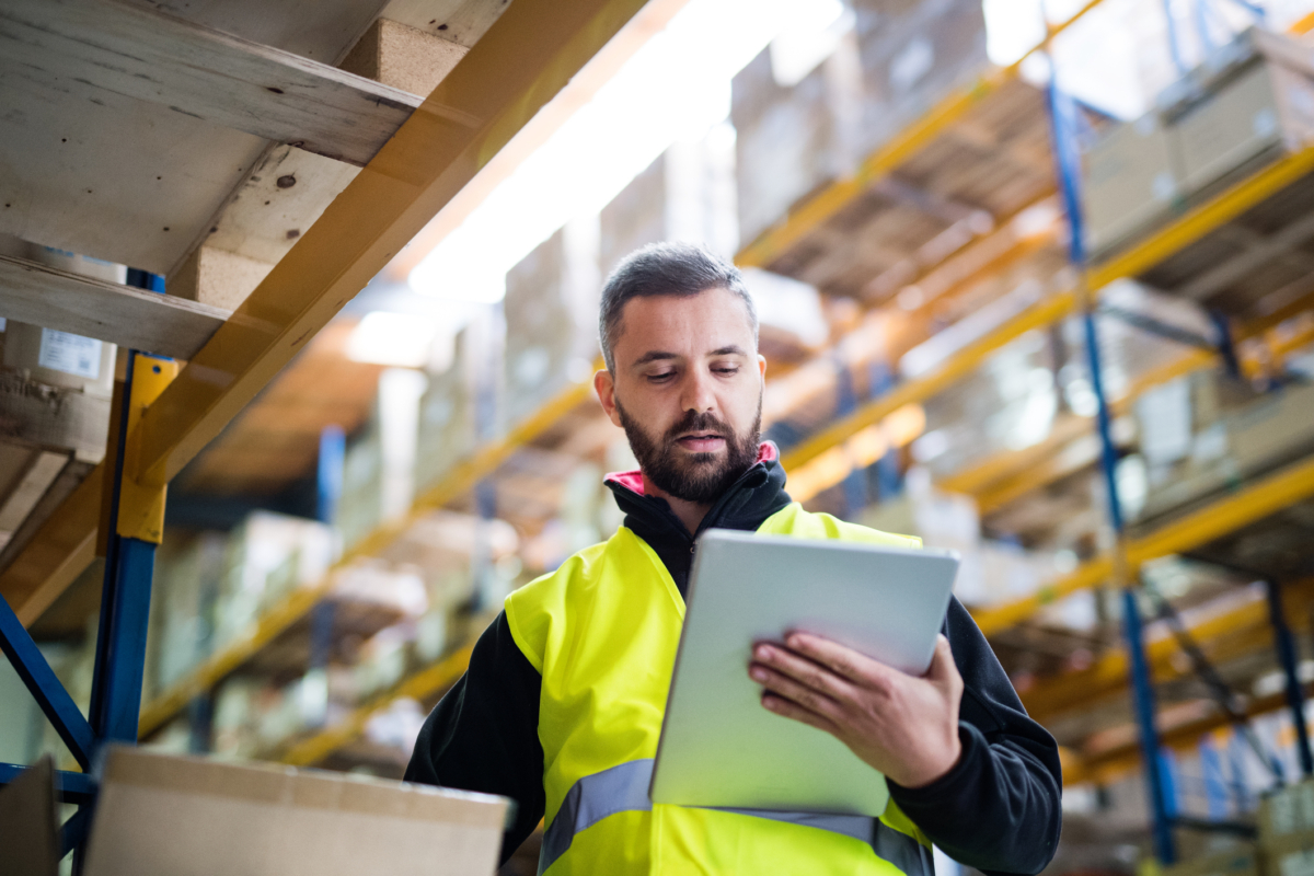 Inventory metrics are viewed in a warehouse.