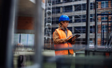 An employee manages construction equipment on a tablet.