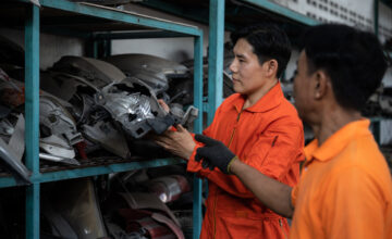 A team that uses parts inventory management software reviews spare parts.