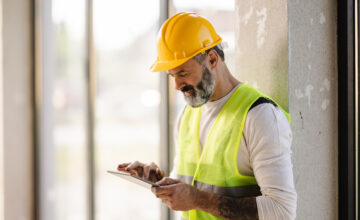 A man uses jobsite inventory management software on a construction site.